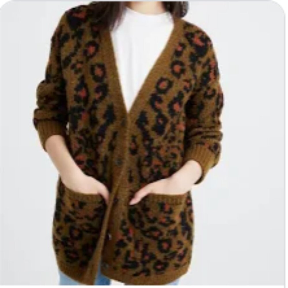 Madewell leopard print alpaca/merino wool long cardigan, size M
